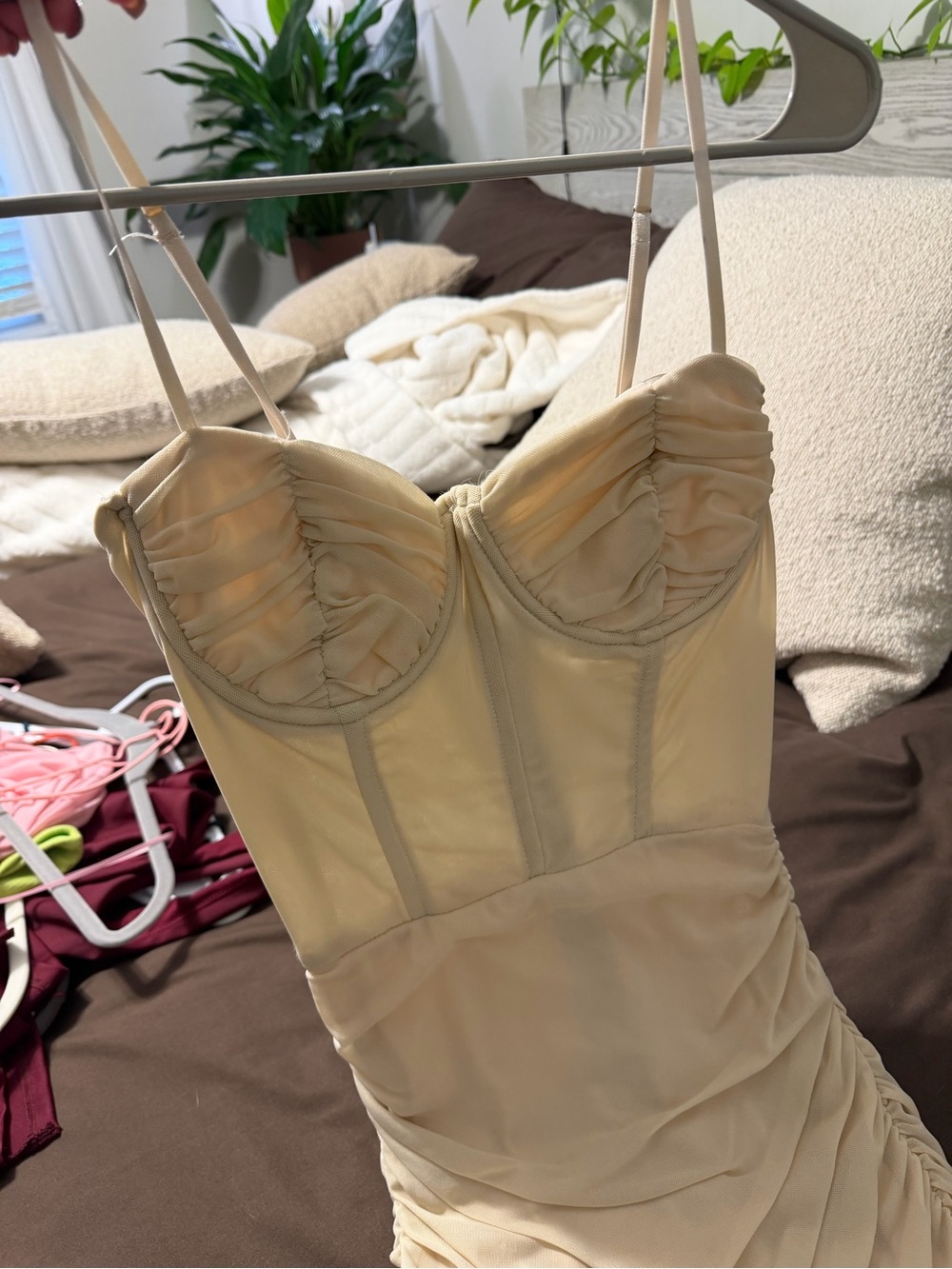 Women's Cream Ruched Bustier Slip Dress